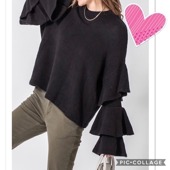 2 Left! Black Sweater w/Tier Ruffled Sleeves - Picture 2 of 5